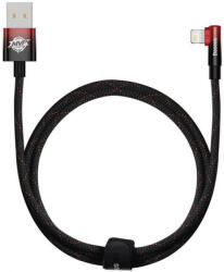 USB töltő- és adatkábel, Lightning, 100 cm, 2400mA, 20W, gyorstöltés, 90 fokos/derékszögű, cipőfűző minta, Baseus MVP 2, CAVP000020, fekete/piros