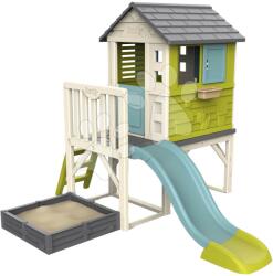 Smoby Căsuță pe piloni cu grădină și nisipar Square Playhouse on Stilts Smoby și tobogan de 1, 5 m cu scară și filtru Uv de la 24 luni (SM810801) Casuta pentru copii
