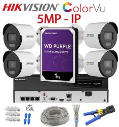 Hikvision KIT 4 Camere video IP PoE ColorVu complet, 4MP, 2.8mm, Lumina Alba 30m, NVR PoE, HDD 1TB, HIKVISION - KIT4CHAHIPCVU-4A28C-WDT1C