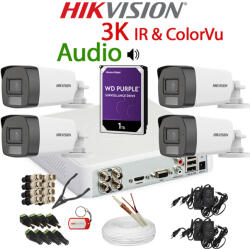 Hikvision KIT 4 Camere video complet, 3K, 2.8mm, Dual Light 5MP, IR si ColorVu 40m, Audio, DVR, HDD 1TB, Cablu, HIKVISION - KIT4CHA-4A55IRCV-WDT1A