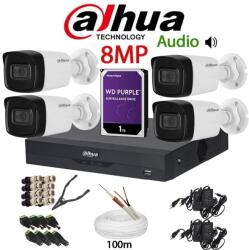 Dahua KIT 4 Camere video complet, 8MP, 3.6mm, IR 80m, Audio, DVR, HDD 1TB, Cablu, DAHUA - KIT4CHAD-4A36-WDT1