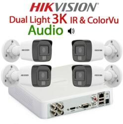 Hikvision KIT 4 Camere video 3K, 2.8mm, 5MP Dual Light IR si ColorVu 25m & 20m, Audio, DVR- KIT4CHA-4IRCV-WDT1AR