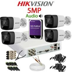 Hikvision KIT 4 Camere video complet, 5MP, 2.8mm, IR 40m, Audio, DVR, HDD 1TB, Cablu, HIKVISION - KIT4CHA-4A55-WDT1A