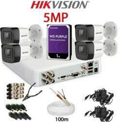 Hikvision KIT 4 Camere video complet, 5MP, 2.8mm, IR 30m, DVR, HDD 1TB, Cablu, HIKVISION - KIT4CHA-4A25-WDT1
