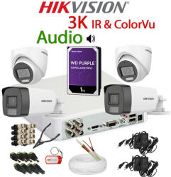 Hikvision KIT 4 Camere video complet, 3K, 2.8mm, Dual Light 5MP, IR si ColorVu 40m & 30m, Audio, DVR, HDD 1TB, Cablu, HIKVISION - KIT4CHA-4A55IRCVD-WDT1AD