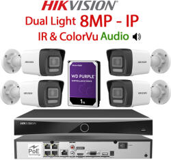 Hikvision KIT 4 Camere video IP PoE, 8MP Dual Light IR si ColorVu, IR 30m, WL 30m, 2.8mm, Microfon, NVR PoE, HDD 1TB, HIKVISION - KIT4CHAHIP-4A28IRWL-WDT1
