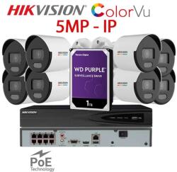 Hikvision KIT 8 Camere video IP PoE ColorVu, 5MP, 2.8mm, Lumina Alba 30m, NVR PoE, HDD 1TB, HIKVISION - KIT8CHAHIPCVU-4A28C-WDT1