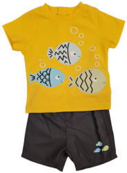  Set 2 piese pentru copii, tricou cu pantaloni scurti, galben-gri, imprimeu pesti, 6 luni