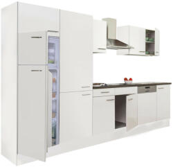 Leziter Yorki 340 konyhabútor fehér korpusz, selyemfényű fehér fronttal polcos szekrénnyel és felülfagyasztós hűtős szekrénnyel (L340FHFH-PSZ-FF) - homelux