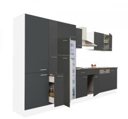 Leziter Yorki 370 konyhabútor fehér korpusz, selyemfényű antracit fronttal polcos szekrénnyel és felülfagyasztós hűtős szekrénnyel (L370FHAN-PSZ-FF) - homelux