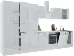 Leziter Yorki 370 konyhabútor fehér korpusz, selyemfényű fehér front alsó sütős elemmel polcos szekrénnyel és felülfagyasztós hűtős szekrénnyel (L370FHFH-SUT-PSZ-FF) - homelux