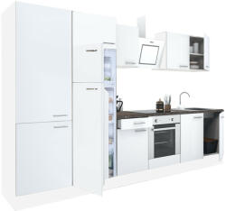 Leziter Yorki 330 konyhabútor fehér korpusz, selyemfényű fehér front alsó sütős elemmel polcos szekrénnyel és felülfagyasztós hűtős szekrénnyel (L330FHFH-SUT-PSZ-FF) - homelux