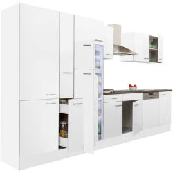 Leziter Yorki 370 konyhabútor fehér korpusz, selyemfényű fehér fronttal polcos szekrénnyel és felülfagyasztós hűtős szekrénnyel (L370FHFH-PSZ-FF) - homelux