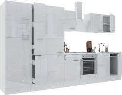 Leziter Yorki 360 konyhabútor fehér korpusz, selyemfényű fehér front alsó sütős elemmel polcos szekrénnyel és felülfagyasztós hűtős szekrénnyel (L360FHFH-SUT-PSZ-FF) - homelux