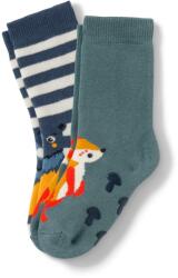 Tchibo 2 pár kisgyerek csúszásgátlós zokni 1x kék-fehér csíkos, belekötött macis mintával, 1x kobaltkék, belekötött rókás mintával 30