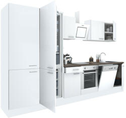 Leziter Yorki 340 konyhabútor fehér korpusz, selyemfényű fehér front alsó sütős elemmel polcos szekrénnyel és alulfagyasztós hűtős szekrénnyel (L340FHFH-SUT-PSZ-AF) - homelux