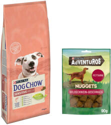 Dog Chow 14kg PURINA Dog Chow Adult Sensitive lazac száraz kutyatáp+90g Adventuros kutyasnack ingyen