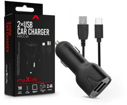 MaxLife 2xUSB szivargyújtó töltő adapter + USB - Type-C kábel 1 m-es vezetékkel - Maxlife MXCC-01 Type-C 2xUSB Car Fast Charger - 5V/2, 4A - fekete (TF-0017)