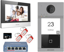Hikvision KIT videointerfon Smart pentru o familie, Rj45 + Wi-Fi 2.4Ghz, Switch PoE, Card, Tag, monitor 7 inch negru, - HIKVISION DS-KIS604-B