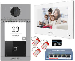 Hikvision KIT videointerfon Smart pentru o familie, Rj45 + Wi-Fi 2.4Ghz, Switch PoE, Card, Tag, monitor 7 inch alb, - HIKVISION DS-KIS604-A