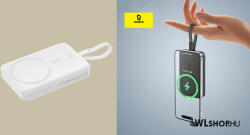 Baseus Power Bank, külső akku, 10000mAh, 30W, Magsafe töltő, LED kijelző, USB-C kábel Baseus Magnetic Mini - Fehér