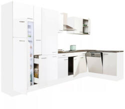 Leziter Yorki 370 sarok konyhabútor fehér korpusz, selyemfényű fehér fronttal polcos szekrénnyel és felülfagyasztós hűtős szekrénnyel (LS370FHFH-PSZ-FF) - homelux