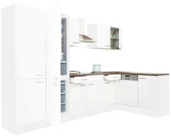 Leziter Yorki 340 sarok konyhabútor fehér korpusz, selyemfényű fehér fronttal polcos szekrénnyel és alulfagyasztós hűtős szekrénnyel (LS340FHFH-PSZ-AF) - homelux
