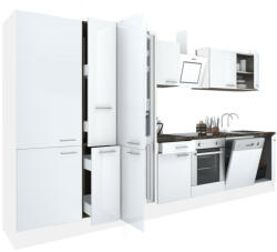Leziter Yorki 370 konyhabútor fehér korpusz, selyemfényű fehér front alsó sütős elemmel polcos szekrénnyel és alulfagyasztós hűtős szekrénnyel (L370FHFH-SUT-PSZ-AF) - homelux
