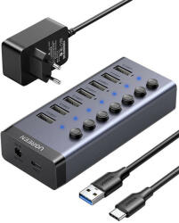 UGREEN 7in1 Hub 7xUSB-A 3.0, USB-C elosztó, USB-C kábellel, 12V, 2A hálózati adapterrel, fekete - tok-store