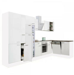 Leziter Yorki 370 sarok konyhabútor fehér korpusz, selyemfényű fehér front alsó sütős elemmel polcos szekrénnyel, felülfagyasztós hűtős szekrénnyel (LS370FHFH-SUT-PSZ-FF) - homelux