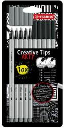STABILO Tűfilc készlet, STABILO "Creative Tips ARTY", fekete, szürke, 5 különbözõ vastagság (10 db)