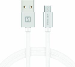 SWISSTEN 71522203 Textile USB Type-A apa - Micro USB Type-B apa Adat és töltő kábel - Fehér/Ezüst (1.2m) (SW-QU-MICR-USB-1.2M-SI)