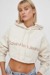 Calvin Klein hanorac de bumbac femei, culoarea bej, cu glugă, imprimeu J20J222540 PPYH-BLD041_01X