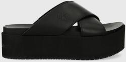 Calvin Klein Jeans slapi de piele FLATFORM CROSS MG UC femei, culoarea negru, cu platforma PPYH-OBD1KC_99X