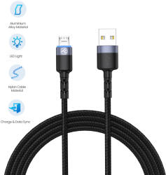 Tellur Adat- és Töltőkábel, USB - MicroUSB, LED lámpa, 1, 2 m, 5 V/Max. 3 A, Fekete