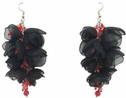 Zia Fashion Cercei lungi stil ciorchine cu flori din voal, culoarea negru cu perle si cristale rosii, Corizmi, Black Chic Bouquet