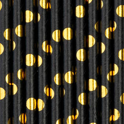 PartyPal Szívószál papírból, fekete, arany pöttyös, 10 db/cs
