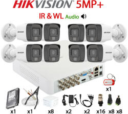 Hikvision KIT 8 Camere video complet, 5MP+, 2.8mm, Dual Light IR 25m si WL 20m, Microfon, DVR, HDD 1TB, Cablu + Accesorii Montaj HIKVISION - KIT4CHA-8A22DL-TST1