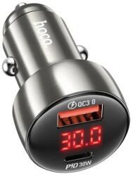 hoco. Z50 autós töltő USB+Type-C aljzat (48W, PD gyorstöltő 3.0, LED kijelző) SZÜRKE (Z50_G) - bluedigital