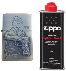 Bricheta tip zippo, 3d relief, metalica, soldat pistol 92f si lichid zippo 125 ml (336)