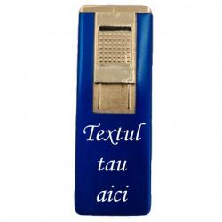 Bricheta metalica gravata personalizata cu textul tau, cu gaz, antivant, reincarcabila, albastra, cutie (754)