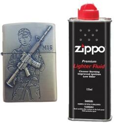 Bricheta tip zippo, 3d relief, metalica, soldat pusca m16 si lichid zippo 125 ml (334)
