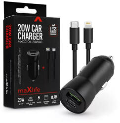 MaxLife MXCC04 USB-A - USB-C autós töltő adapter + USB-C - Lightning kábellel 20W fekete (ML269386)