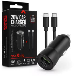 MaxLife MXCC04 USB-A - USB-C autós töltő adapter + USB-C - USB -C kábellel 20W fekete (ML269393)