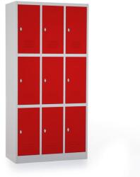 Rauman Fém szekrény - 9 doboz, 90 x 45 x 185 cm, csavaros zár, piros - ral 3000