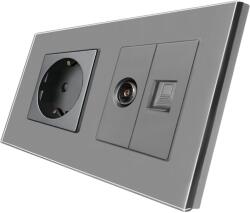 Luxion Schuko Dugalj Konnektor Üvegkerettel + TV + Internet Csatlakozó Aljzat - szin szurke