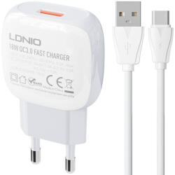 LDNIO Incarcator cu Cablu Type C, usb C, LDNIO A1306Q 18W + USB-C cable (5905316141568)