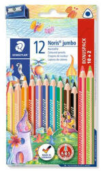 STAEDTLER Színes ceruza készlet, háromszögletű, vastag, hegyezővel, STAEDTLER "Noris® Jumbo 128", 10+2 különböző szín (128 NC12P1)