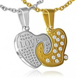 Steeel. hu - Nemesacél ékszer webáruház love you" Ezüst-arany páros szív alakú nemesacél medál cirkónia kristályokkal