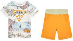 Guess Тениска с плажни мотиви и оражево лого Guess с къси оранжеви панталонки за момче